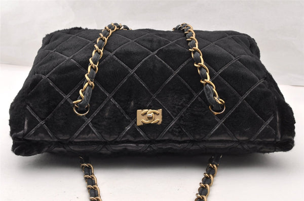 Auth CHANEL Unborn Calf Leather Bicolore Chain Shoulder Tote Bag Black CC 8332I