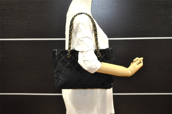 Auth CHANEL Unborn Calf Leather Bicolore Chain Shoulder Tote Bag Black CC 8332I