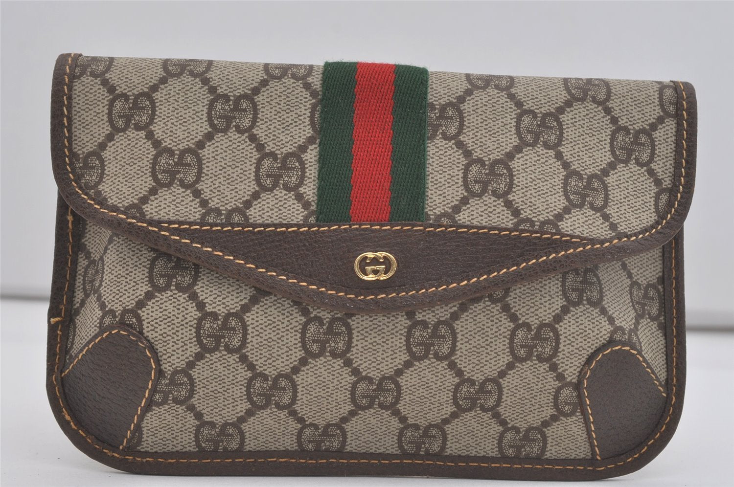 Authentic GUCCI Web Sherry Line Clutch Hand Bag Purse GG PVC Leather Brown 8339I