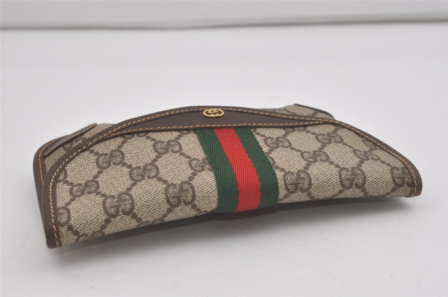 Authentic GUCCI Web Sherry Line Clutch Hand Bag Purse GG PVC Leather Brown 8339I