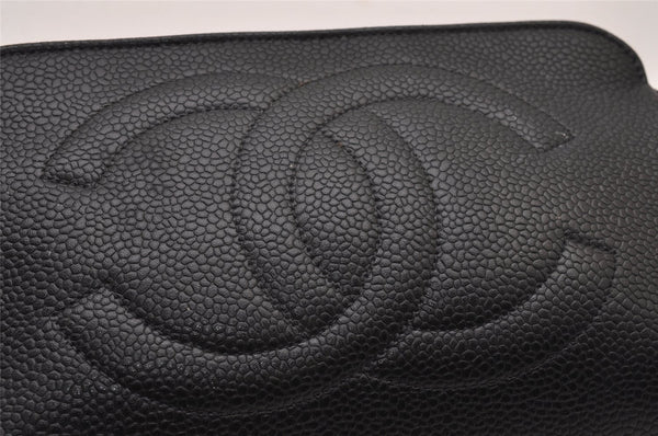 Authentic CHANEL Caviar Skin CC Logo Cosmetic Pouch Purse Black Junk 8341I