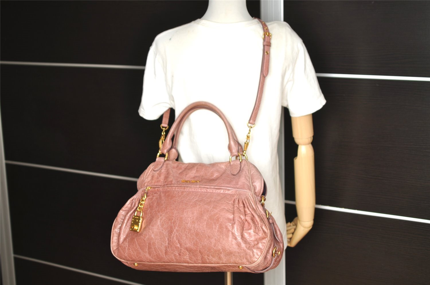 Authentic MIU MIU Vintage Leather 2Way Shoulder Hand Tote Bag Pink 8344I