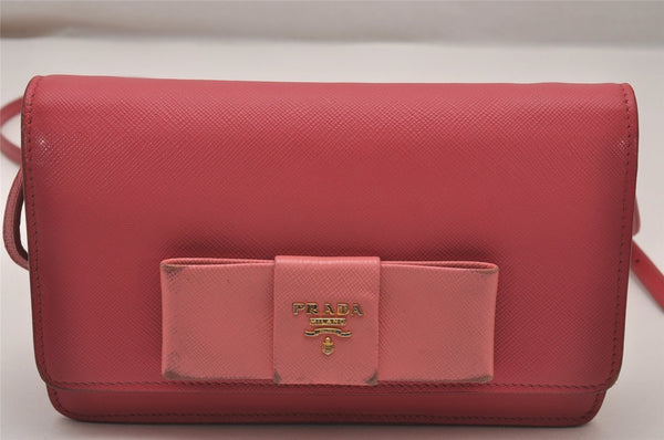 Auth PRADA SAFFIANO LUX Ribbon Leather Shoulder Long Wallet BT1009 Pink 8347I