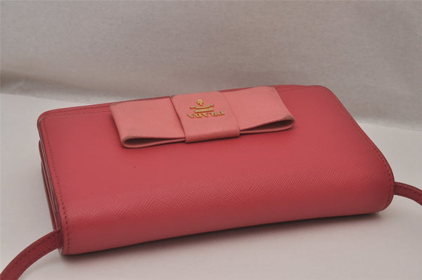 Auth PRADA SAFFIANO LUX Ribbon Leather Shoulder Long Wallet BT1009 Pink 8347I