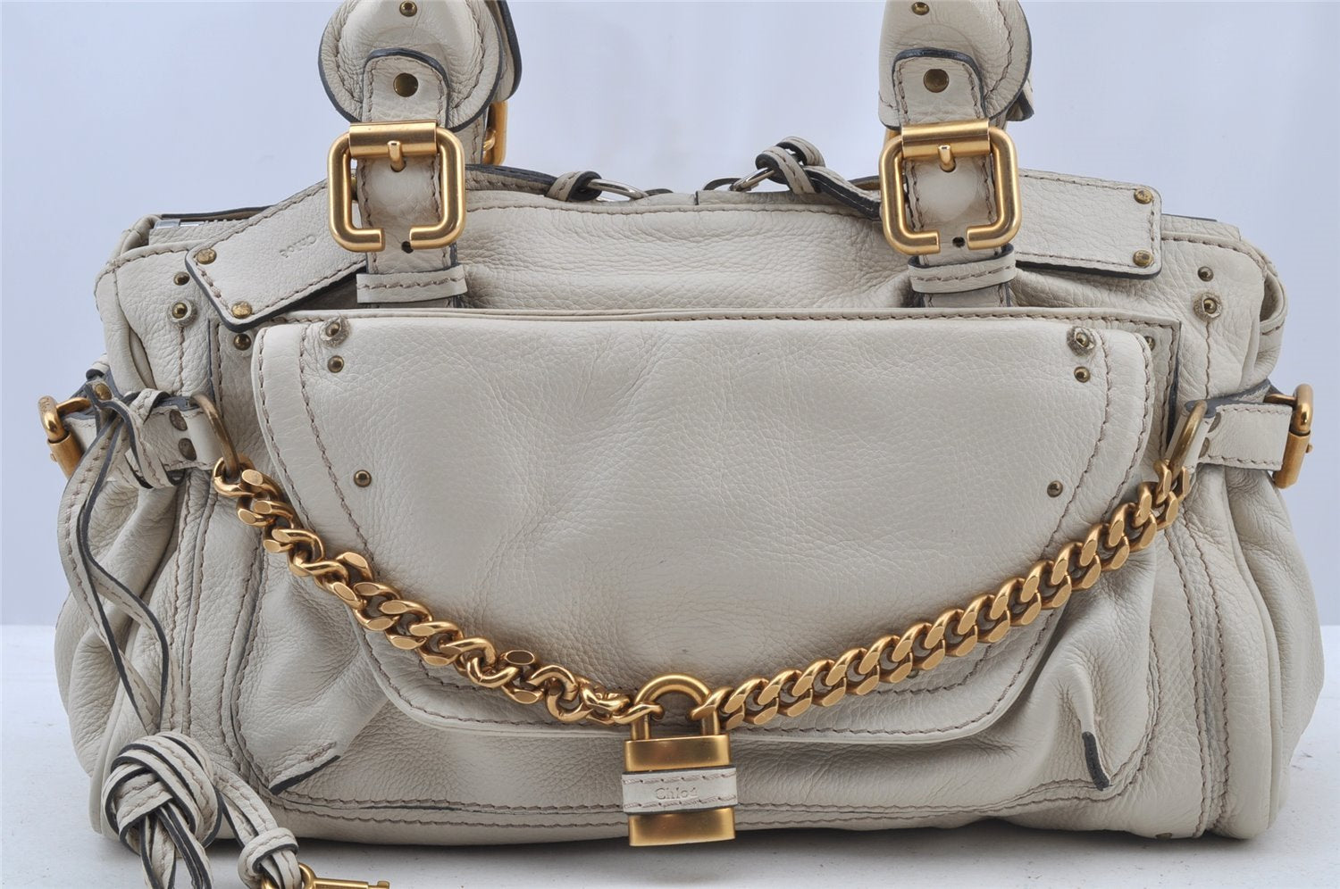 Authentic Chloe Vintage Paddington Leather Shoulder Hand Bag White 8349I