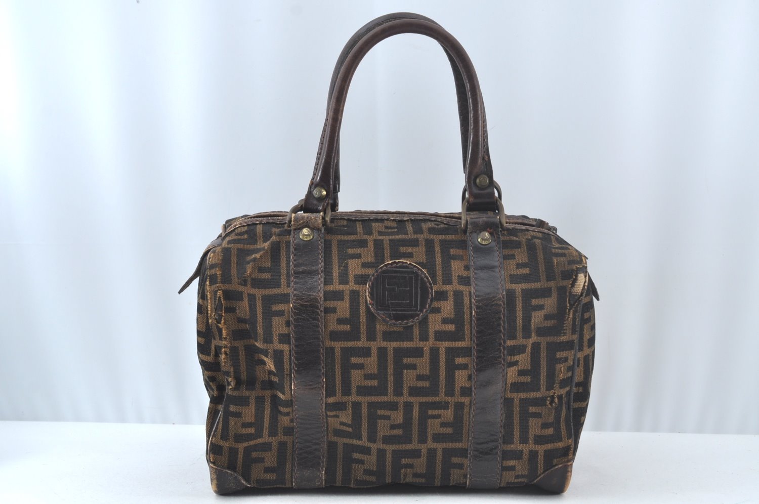 Authentic FENDI Zucca Hand Boston Bag Canvas Leather Brown 8349J