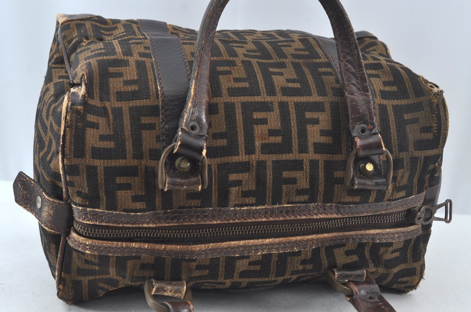 Authentic FENDI Zucca Hand Boston Bag Canvas Leather Brown 8349J