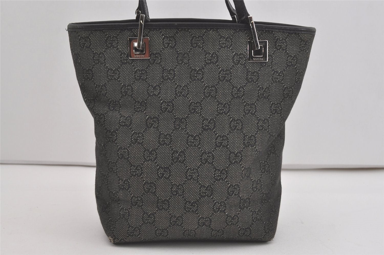 Authentic GUCCI Shoulder Hand Tote Bag GG Canvas Leather 31244 Black 8354I