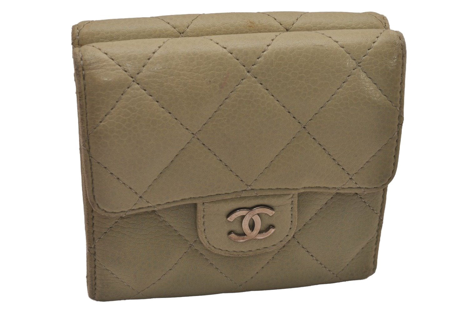 Authentic CHANEL Caviar Skin CC Logo Trifold Wallet Purse Light Green 8358I