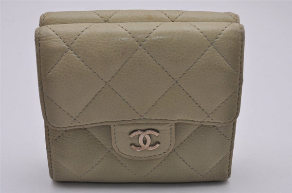 Authentic CHANEL Caviar Skin CC Logo Trifold Wallet Purse Light Green 8358I