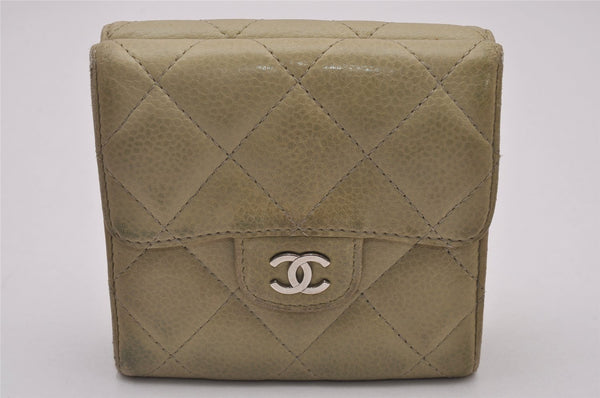 Authentic CHANEL Caviar Skin CC Logo Trifold Wallet Purse Light Green 8358I