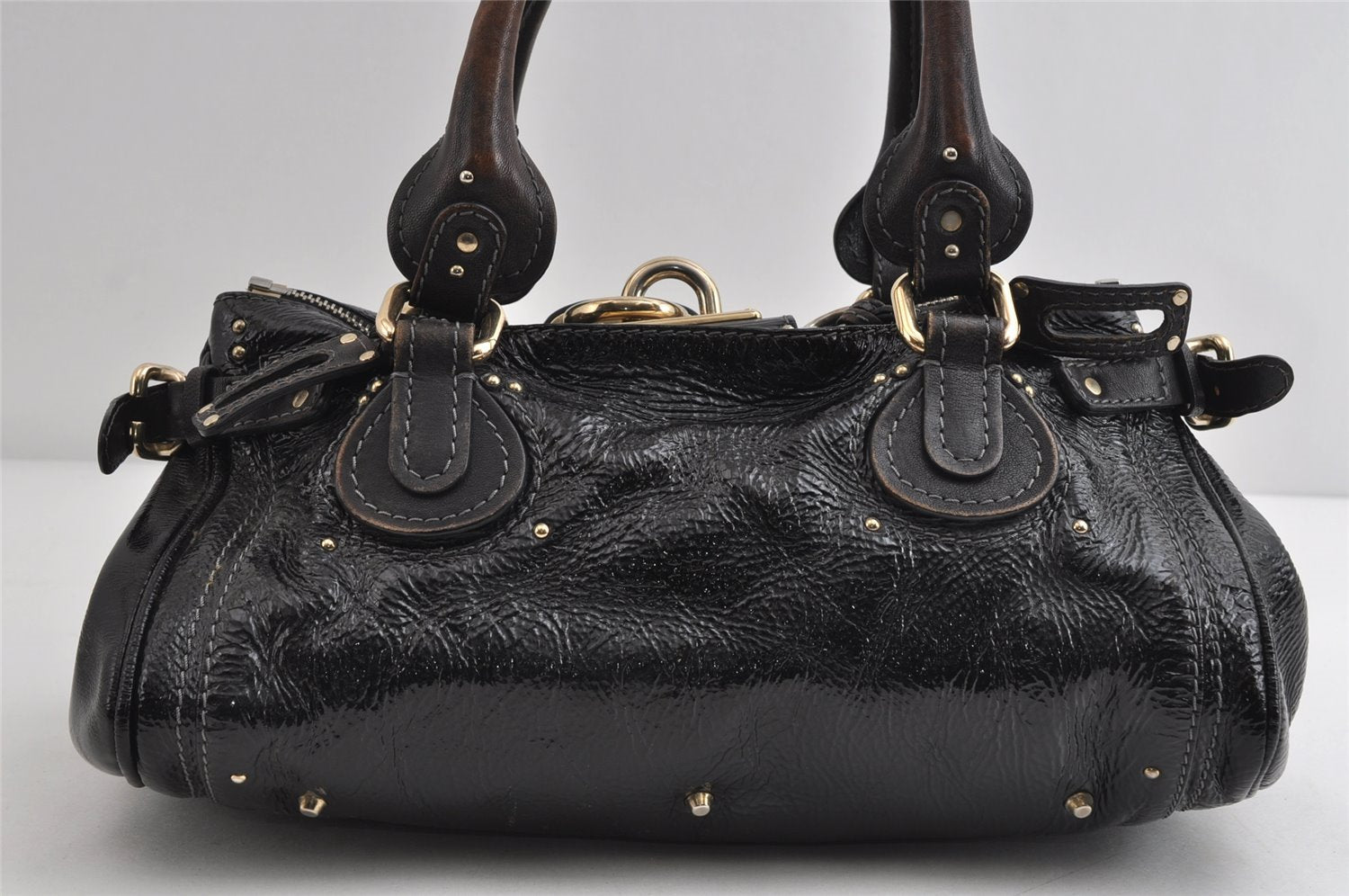 Authentic Chloe Paddington Enamel Leather Shoulder Hand Bag Black 8362I