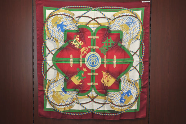 Authentic HERMES Carre 90 Scarf "GRANDE TENUE" Silk Bordeaux Red 8366H