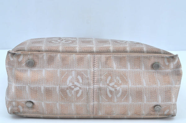 Authentic CHANEL New Travel Line Shoulder Tote Bag Nylon Leather Beige 8373H
