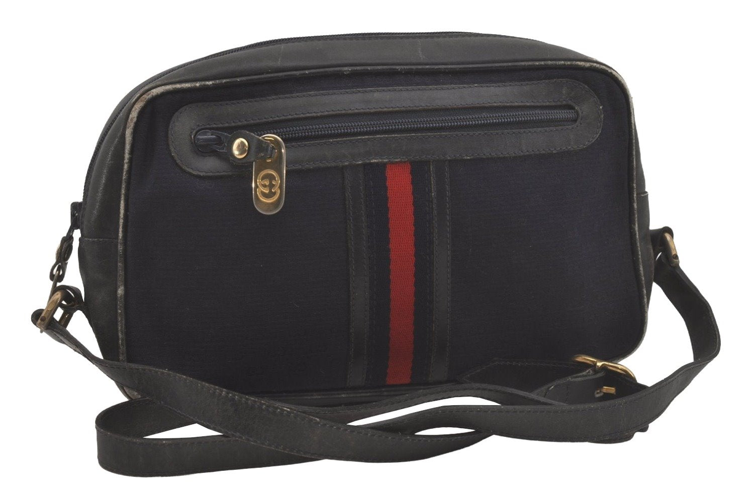 Authentic GUCCI Sherry Line Micro GG Canvas Leather Shoulder Bag Navy Blue 8377I