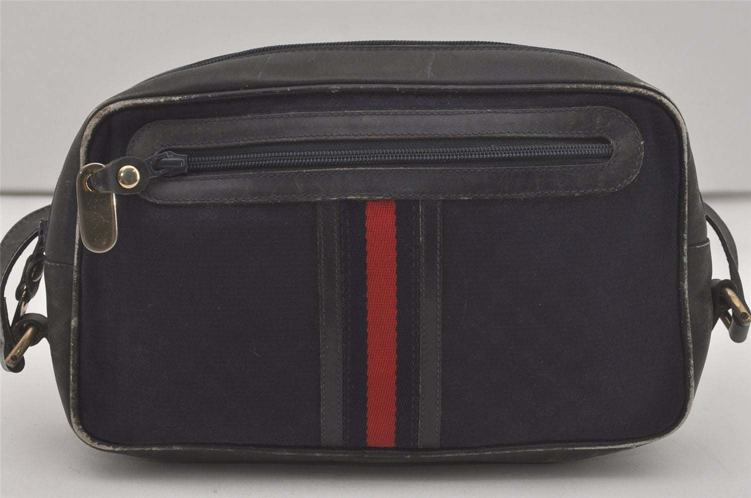 Authentic GUCCI Sherry Line Micro GG Canvas Leather Shoulder Bag Navy Blue 8377I