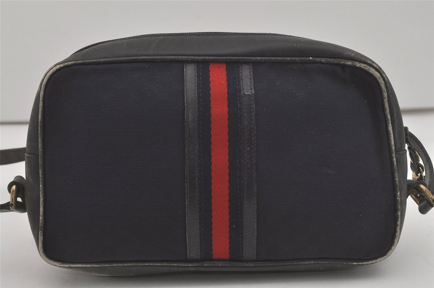 Authentic GUCCI Sherry Line Micro GG Canvas Leather Shoulder Bag Navy Blue 8377I