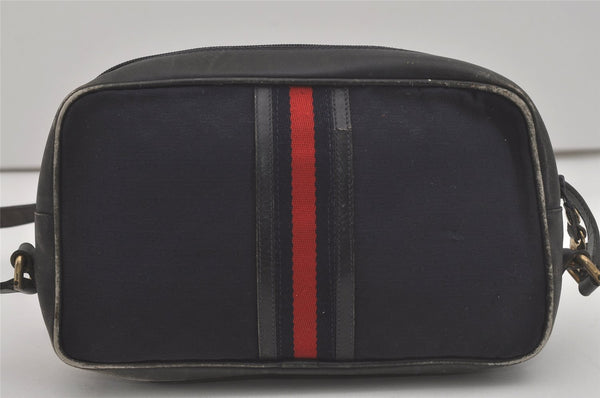 Authentic GUCCI Sherry Line Micro GG Canvas Leather Shoulder Bag Navy Blue 8377I