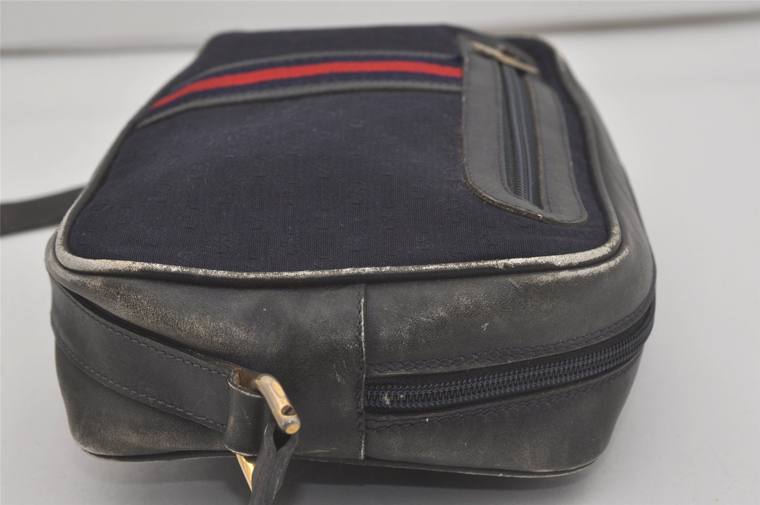 Authentic GUCCI Sherry Line Micro GG Canvas Leather Shoulder Bag Navy Blue 8377I