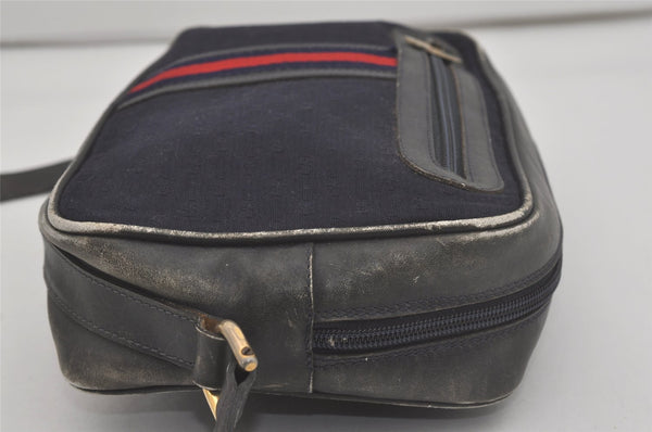 Authentic GUCCI Sherry Line Micro GG Canvas Leather Shoulder Bag Navy Blue 8377I