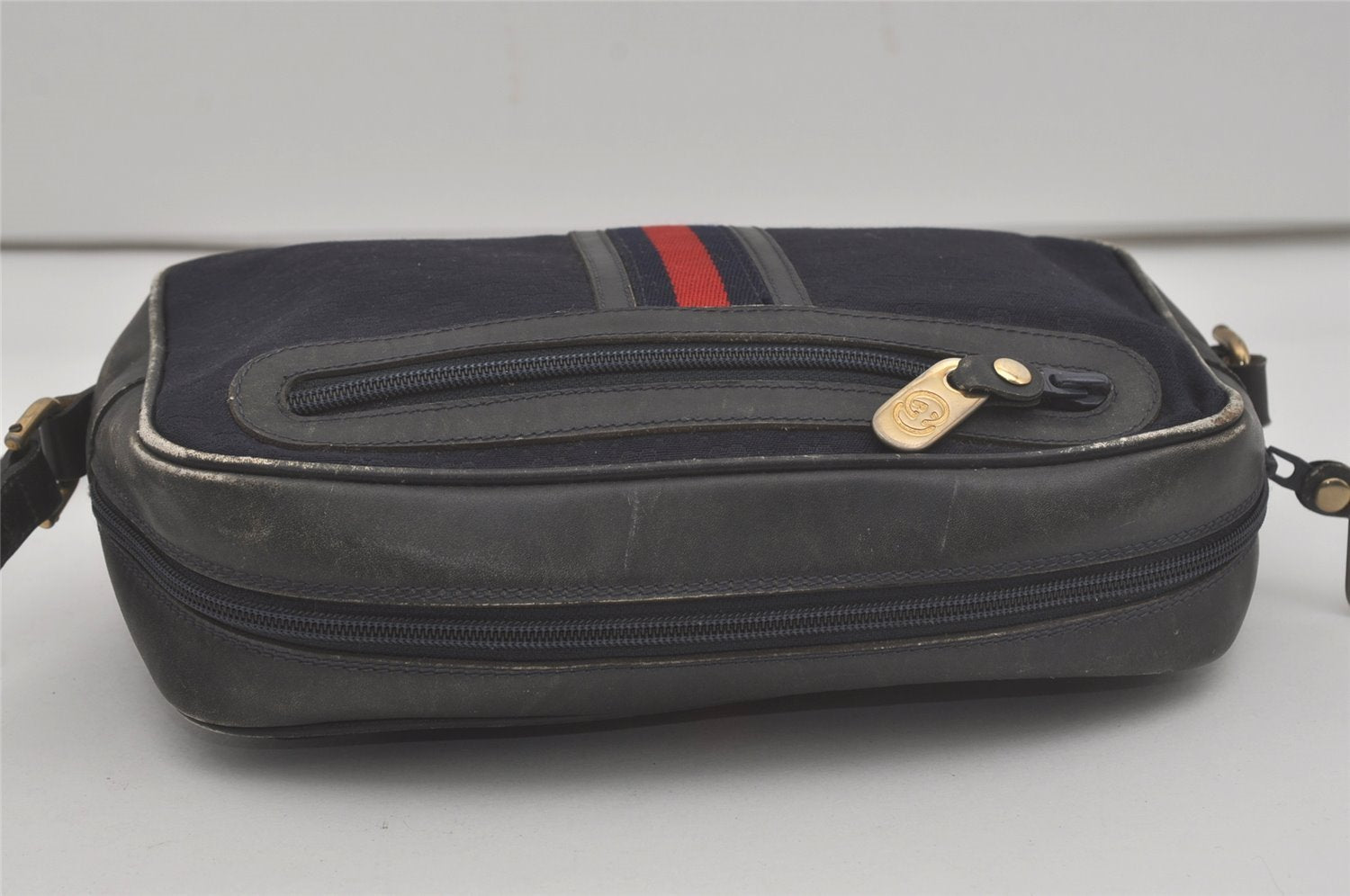 Authentic GUCCI Sherry Line Micro GG Canvas Leather Shoulder Bag Navy Blue 8377I