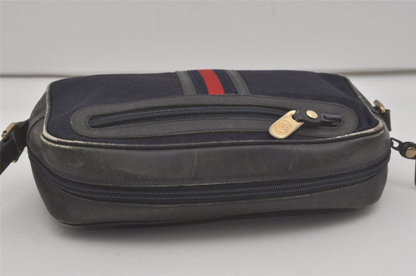 Authentic GUCCI Sherry Line Micro GG Canvas Leather Shoulder Bag Navy Blue 8377I