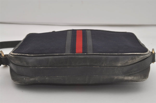 Authentic GUCCI Sherry Line Micro GG Canvas Leather Shoulder Bag Navy Blue 8377I