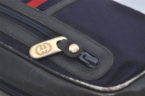 Authentic GUCCI Sherry Line Micro GG Canvas Leather Shoulder Bag Navy Blue 8377I