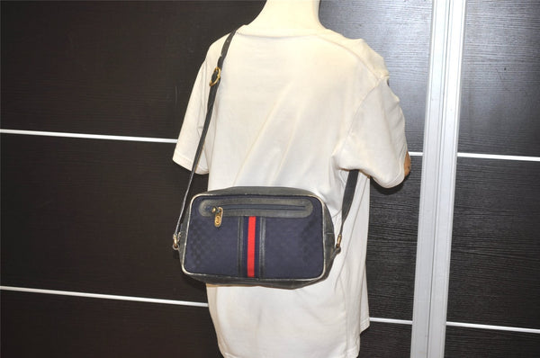 Authentic GUCCI Sherry Line Micro GG Canvas Leather Shoulder Bag Navy Blue 8377I