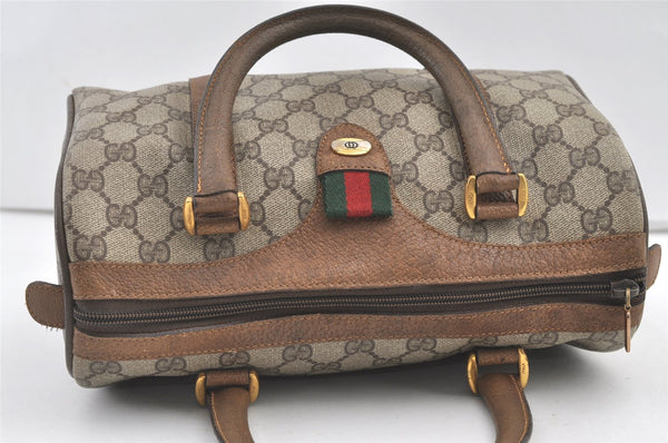 Authentic GUCCI Web Sherry Line Hand Boston Bag GG PVC Leather Brown 8380J