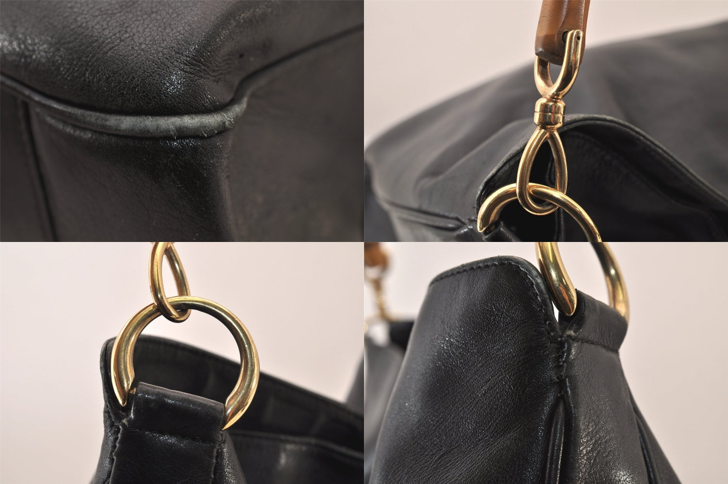 Authentic GUCCI Vintage Bamboo 2Way Shoulder Hand Bag Leather Black Junk 8397M