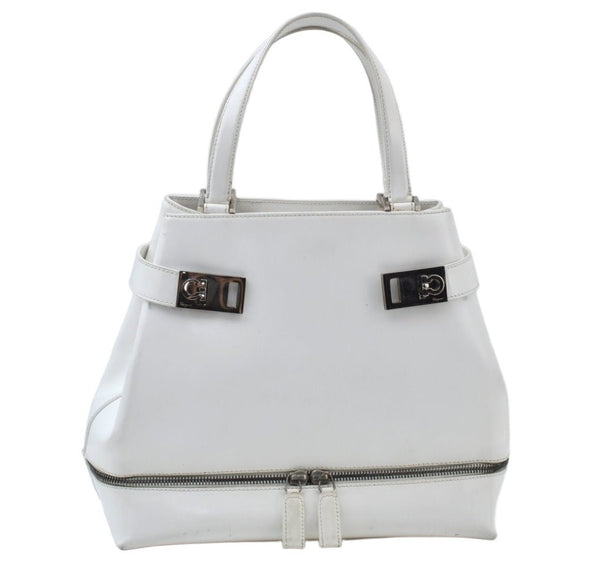 Authentic Salvatore Ferragamo Gancini Leather Hand Tote Bag Purse White 8398I