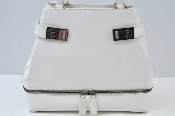 Authentic Salvatore Ferragamo Gancini Leather Hand Tote Bag Purse White 8398I