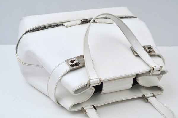 Authentic Salvatore Ferragamo Gancini Leather Hand Tote Bag Purse White 8398I