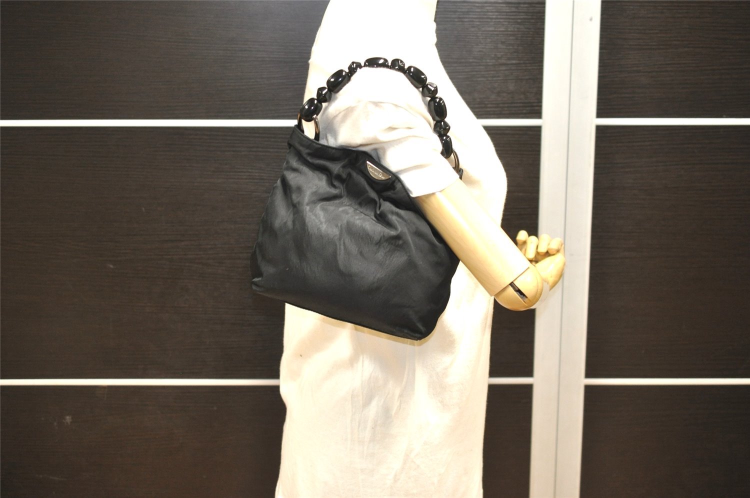 Authentic Christian Dior Maris Pearl Hand Bag Purse Nylon Black Junk 8399I