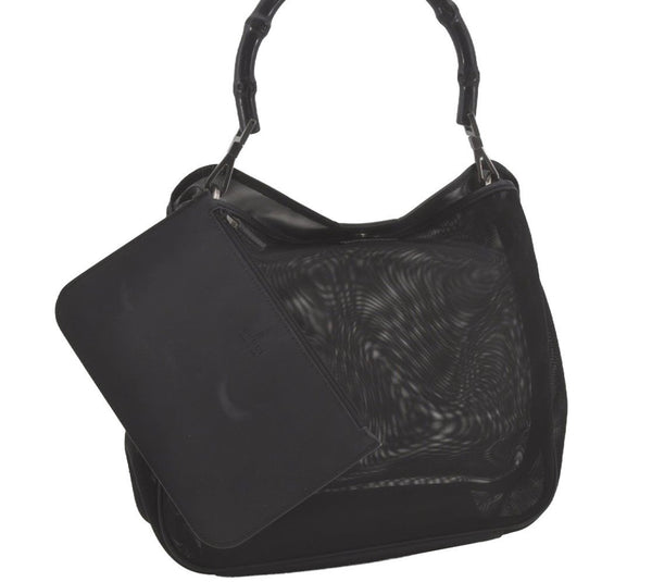 Authentic GUCCI Bamboo Shoulder Hand Bag Purse Mesh Leather 0015638 Black 8401I