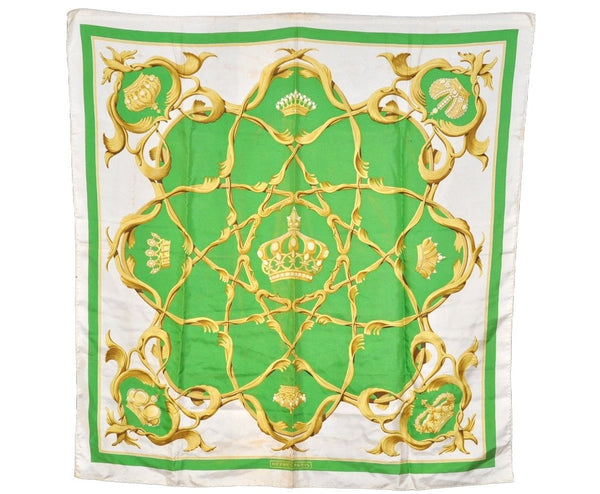 Authentic HERMES Carre 90 Scarf "Crowns" Silk White Green 8412J