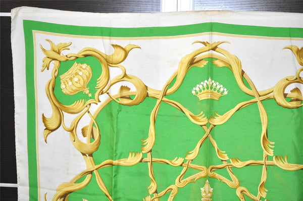 Authentic HERMES Carre 90 Scarf "Crowns" Silk White Green 8412J