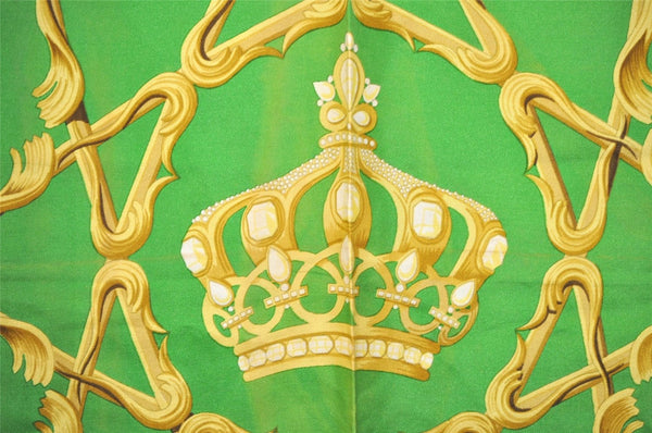 Authentic HERMES Carre 90 Scarf "Crowns" Silk White Green 8412J