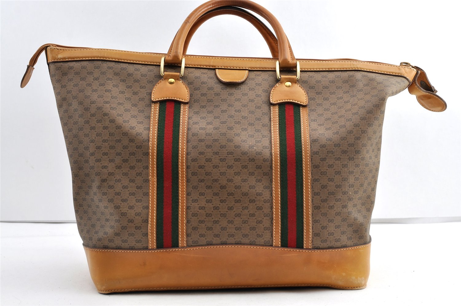 Authentic GUCCI Web Sherry Line Micro GG PVC Leather Boston Bag Brown 8418J