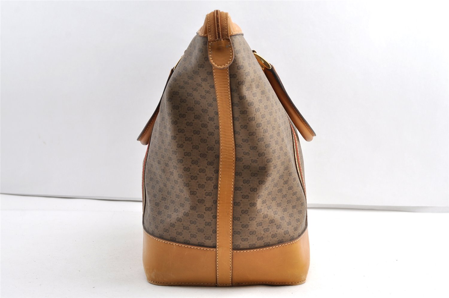 Authentic GUCCI Web Sherry Line Micro GG PVC Leather Boston Bag Brown 8418J