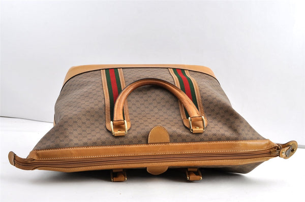 Authentic GUCCI Web Sherry Line Micro GG PVC Leather Boston Bag Brown 8418J