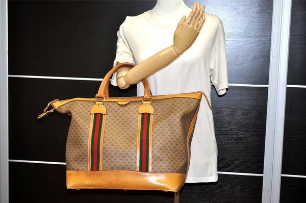 Authentic GUCCI Web Sherry Line Micro GG PVC Leather Boston Bag Brown 8418J