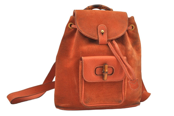 Authentic GUCCI Bamboo Drawstring Backpack Purse Suede Leather Orange 8419M