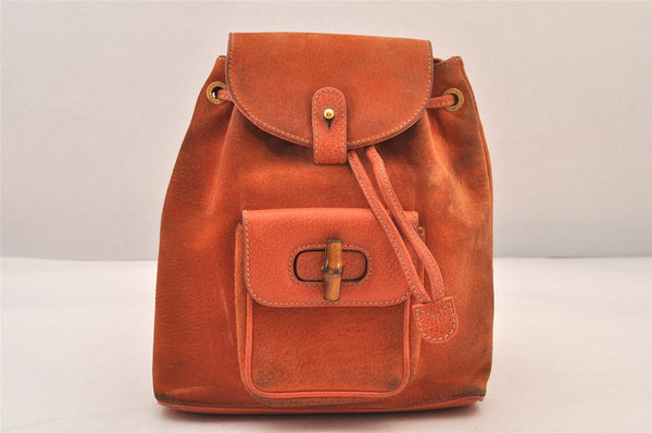 Authentic GUCCI Bamboo Drawstring Backpack Purse Suede Leather Orange 8419M