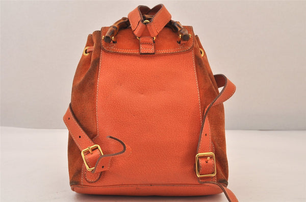 Authentic GUCCI Bamboo Drawstring Backpack Purse Suede Leather Orange 8419M