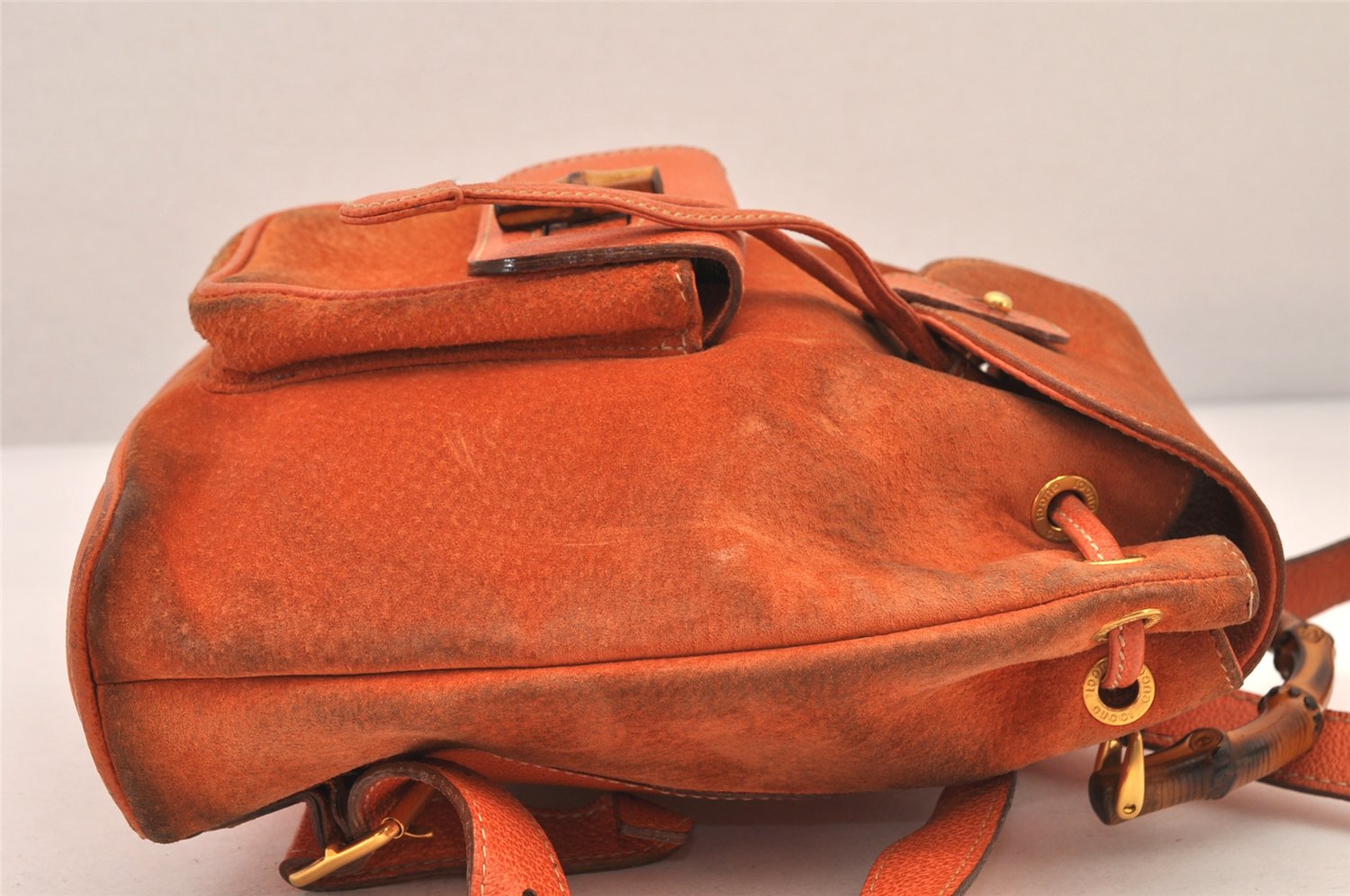 Authentic GUCCI Bamboo Drawstring Backpack Purse Suede Leather Orange 8419M