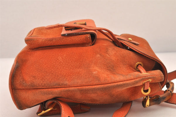 Authentic GUCCI Bamboo Drawstring Backpack Purse Suede Leather Orange 8419M