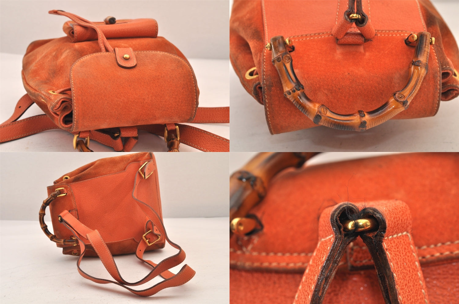 Authentic GUCCI Bamboo Drawstring Backpack Purse Suede Leather Orange 8419M