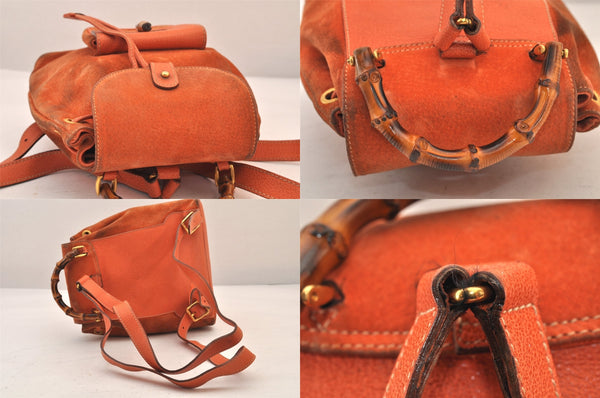 Authentic GUCCI Bamboo Drawstring Backpack Purse Suede Leather Orange 8419M